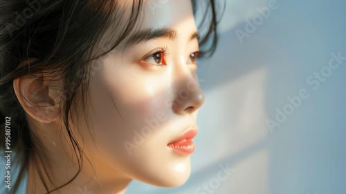 Closeup of a serene Asian woman with soft sunlight casting shadows on her face