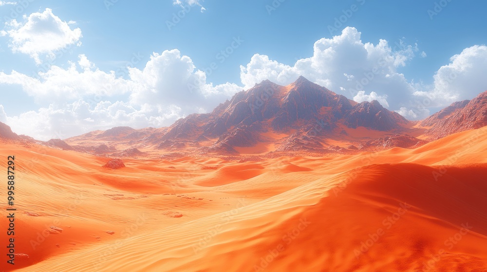 Fototapeta premium Vibrant desert landscape with mountains and clouds under a blue sky.