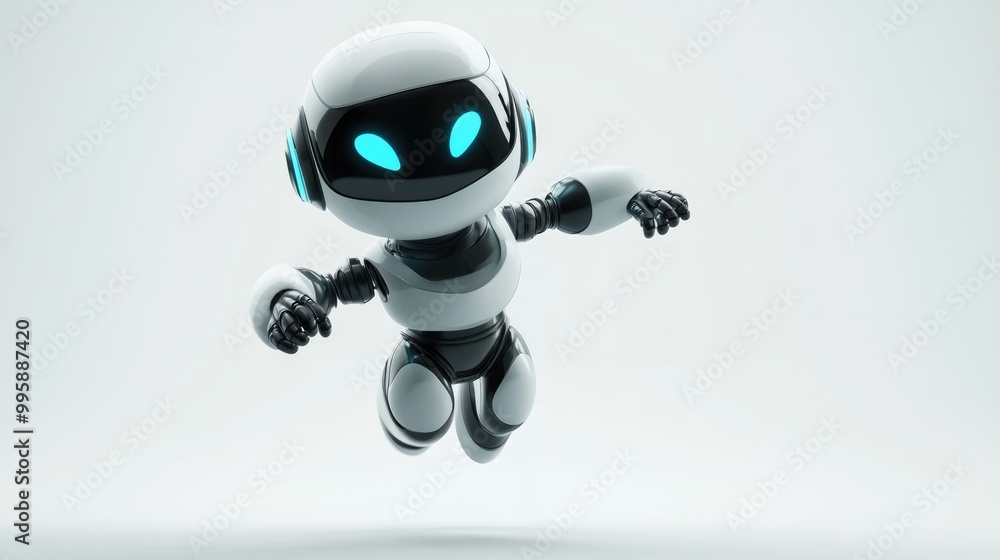 A cheerful futuristic robot performs a joyful rear jump in this 3D illustration A cheerful futuristic robot performs a joyful rear jump in this 3D illustration