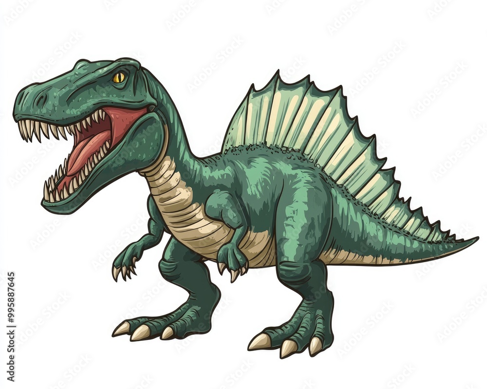 Naklejka premium Cartoon style Spinosaurus character on a plain white background