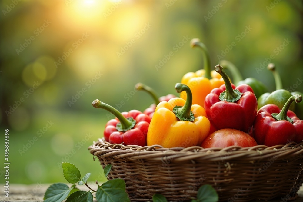 Vibrant bell peppers in wicker basket, colorful harvest in garden, healthy food, organic vegetables, summer produce concept Vibrant bell peppers in wicker basket, colorful harvest in garden, healthy food, organic vegetables, summer produce concept