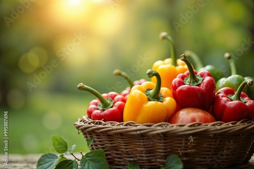 Vibrant bell peppers in wicker basket, colorful harvest in garden, healthy food, organic vegetables, summer produce concept