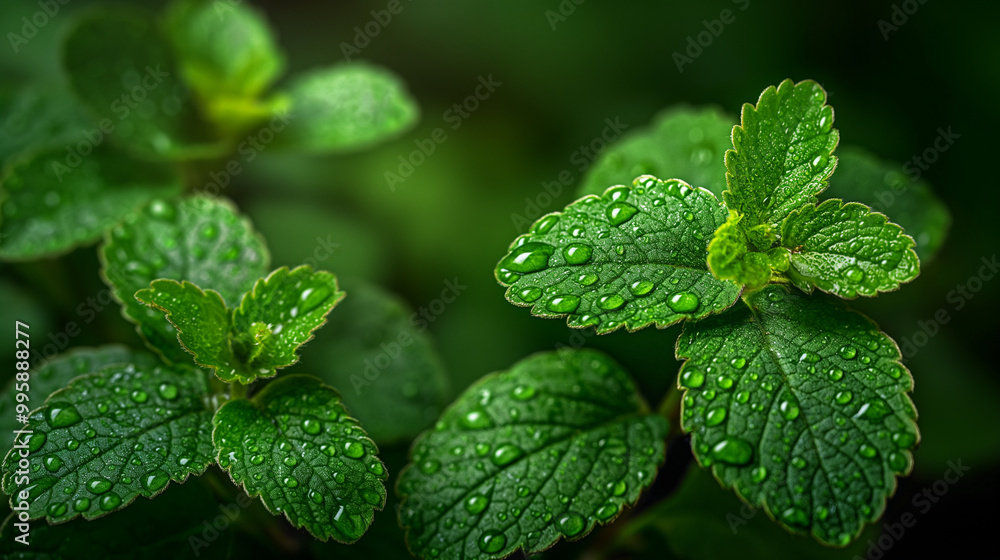 Fresh mint leaves with dewdrops in a lush green garden Fresh mint leaves with dewdrops in a lush green garden