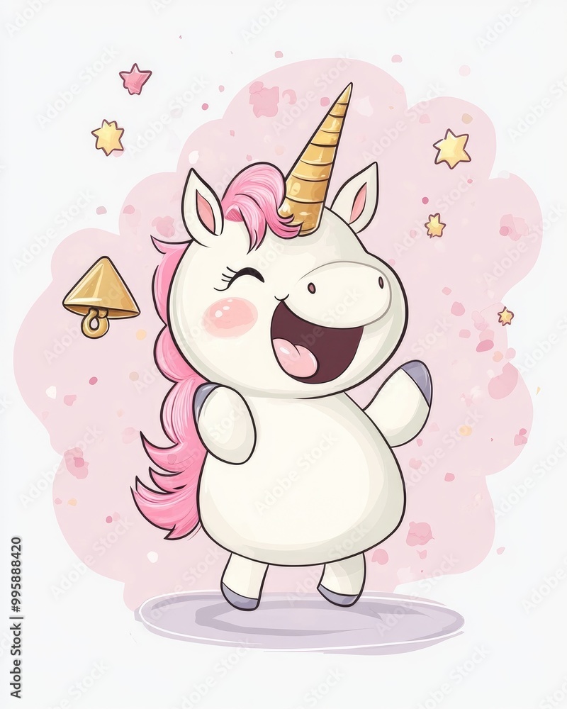Adorable cartoon unicorn joyfully interacting with a triangle bell in this delightful illustration Adorable cartoon unicorn joyfully interacting with a triangle bell in this delightful illustration
