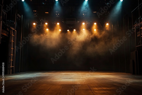 An empty theater stage with dramatic lighting, featuring multiple spotlights that illuminate the stage floor.with generative ai