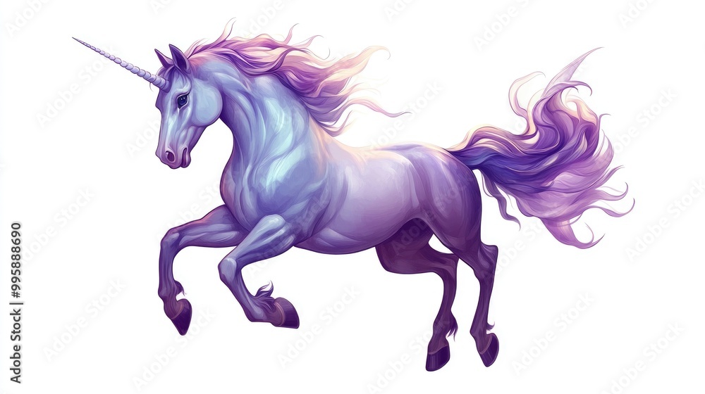 Fantasy unicorn illustration in a whimsical 2D cartoon style set against a clean white backdrop Fantasy unicorn illustration in a whimsical 2D cartoon style set against a clean white backdrop