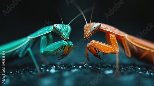 Two praying mantises, one teal and one orange, facing each other on a wet surface with dew droplets, creating a visually captivating and intense nature interaction.