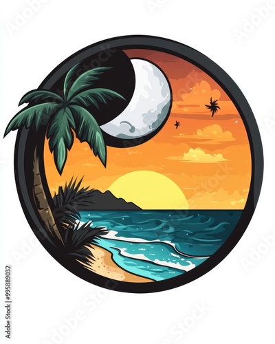 Day and night beach themed 2D cartoon illustration featuring a playful badge logo design photo