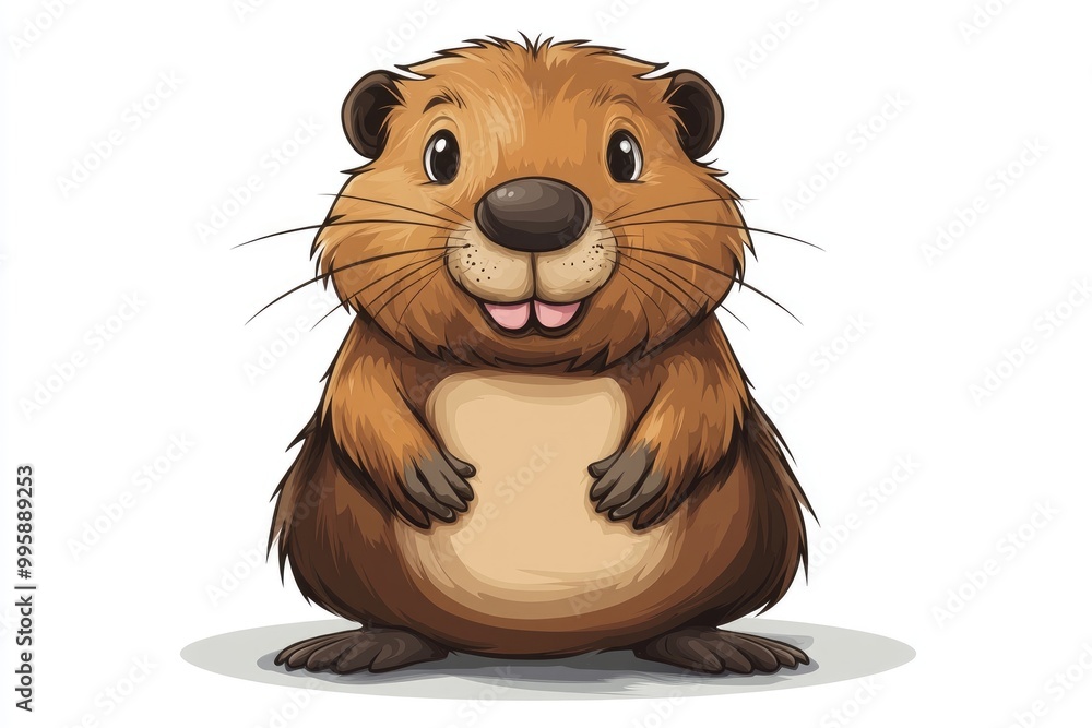 Frontal view of a cartoon beaver illustrated in a 2D style and depicted as an isolated animal Frontal view of a cartoon beaver illustrated in a 2D style and depicted as an isolated animal