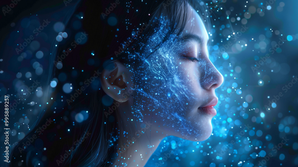 Woman's face illuminated with glowing digital particles in blue light Woman's face illuminated with glowing digital particles in blue light