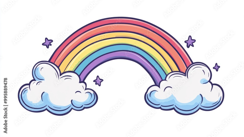 Colorful 2D cartoon icon of a rainbow accompanied by clouds Colorful 2D cartoon icon of a rainbow accompanied by clouds