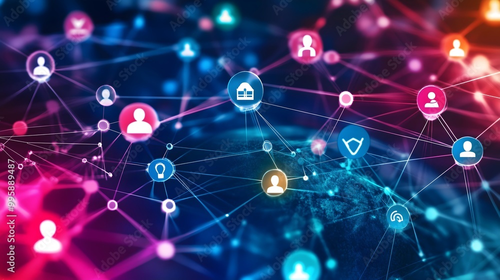 Digital network connecting diverse individuals around the globe, each represented by unique icons and social media symbols Digital network connecting diverse individuals around the globe, each represented by unique icons and social media symbols