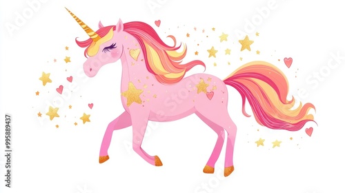 A whimsical pink unicorn with a vibrant mane and tail adorned with golden stars and hearts set against a white background Created in digital 2D doodle cartoon style suitable for various merchandis