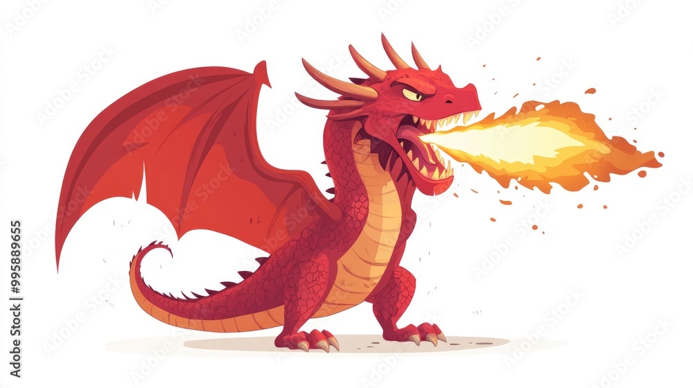 Red medieval dragon exhaling flames Flat 2D cartoon illustration isolated Red medieval dragon exhaling flames Flat 2D cartoon illustration isolated