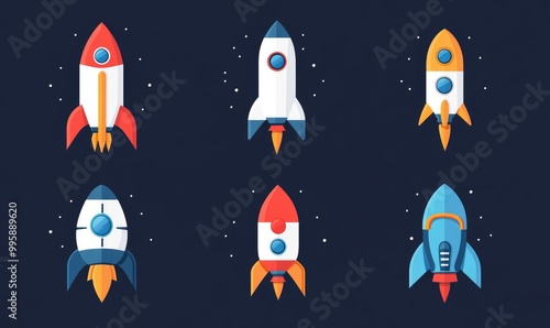 Fantasy rocket and space icons in a simple flat style ideal for user interface and user experience design for websites or mobile applications