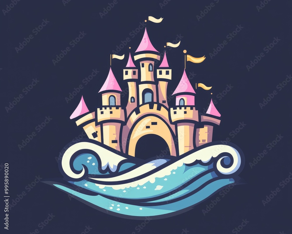 Naklejka premium Fantasy castle and ocean wave logo featuring a 2D cartoon style icon illustration