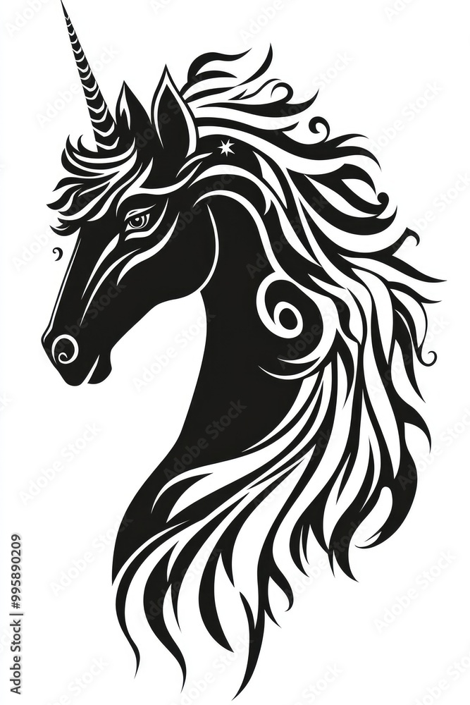 Fototapeta premium Fantasy horse head with unicorn features in a tribal design black equine silhouette showcasing a flowing mane