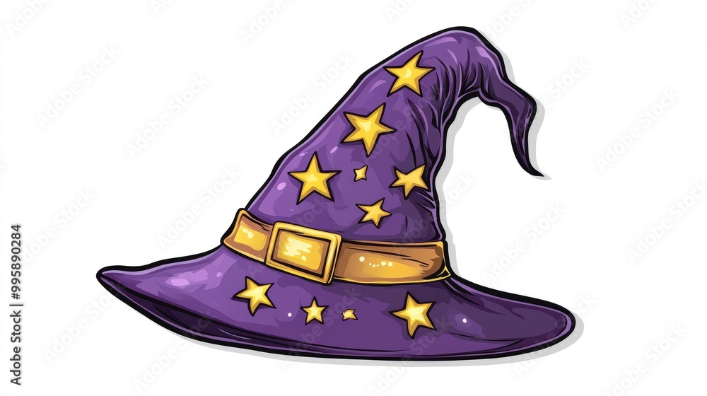 Violet witch hat adorned with yellow stars designed as a 2D cartoon style isolated sticker Violet witch hat adorned with yellow stars designed as a 2D cartoon style isolated sticker