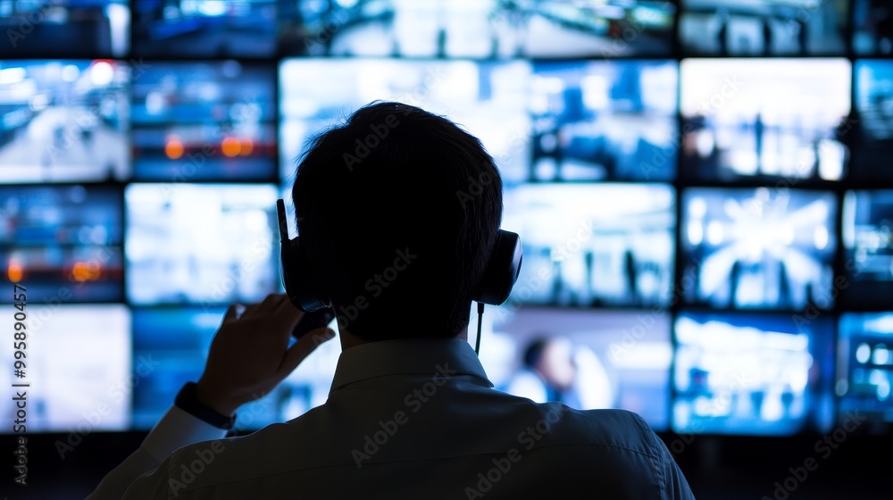 Security guard monitoring CCTV screens in control room while ...