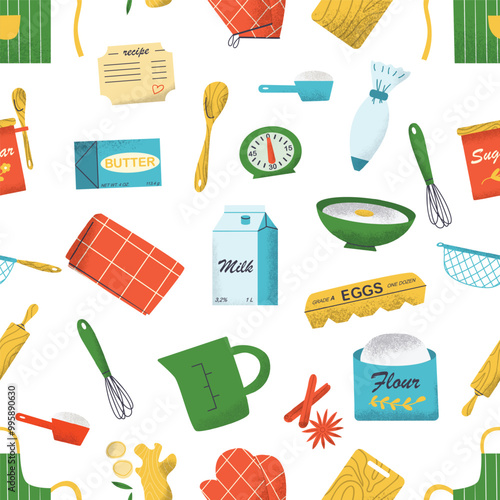 Cooking tools and baking ingredients seamless pattern of illustration flat style with texture