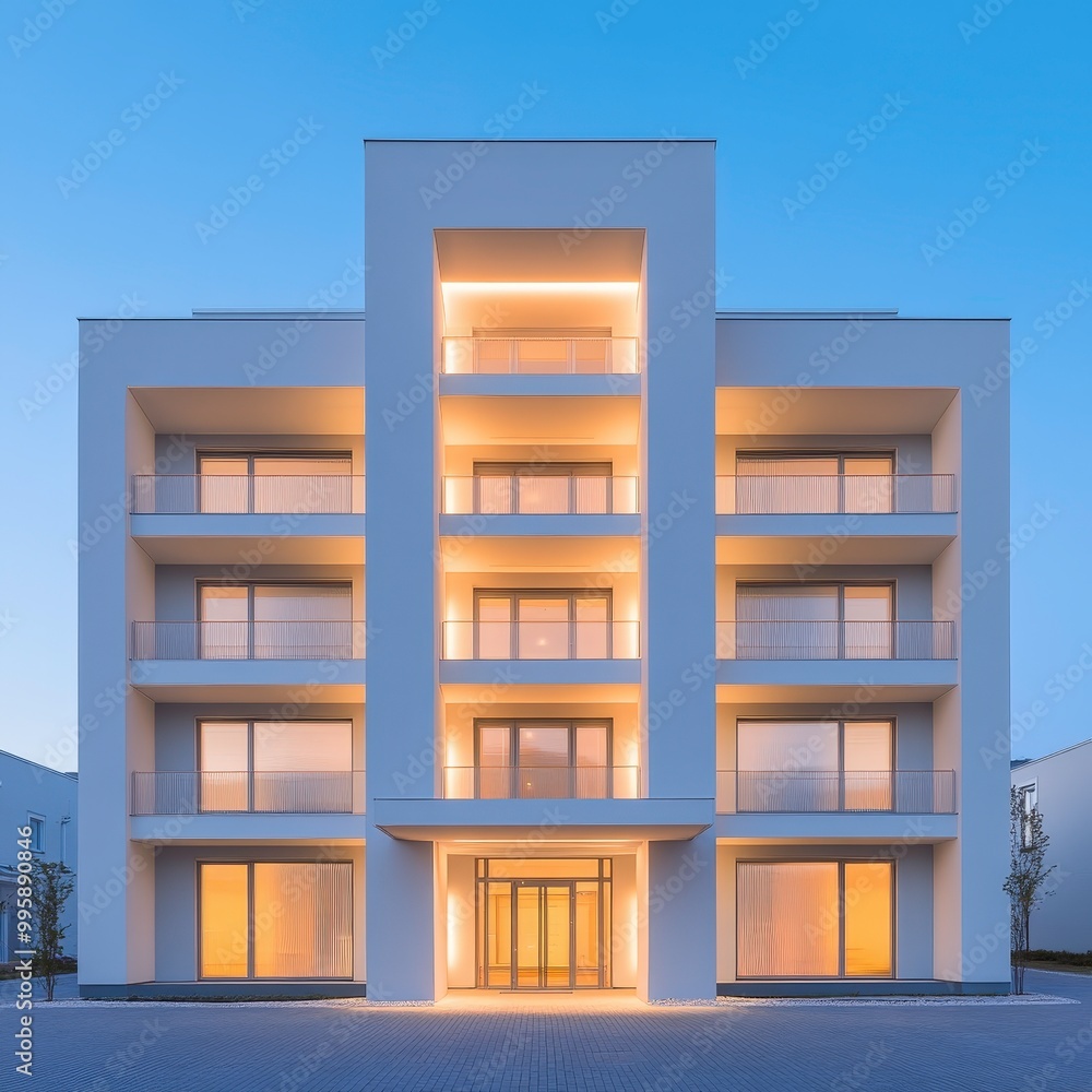 A tall white building with a lot of windows and balconies,The building is lit up at night, giving it a warm and inviting atmosphere A tall white building with a lot of windows and balconies,The building is lit up at night, giving it a warm and inviting atmosphere