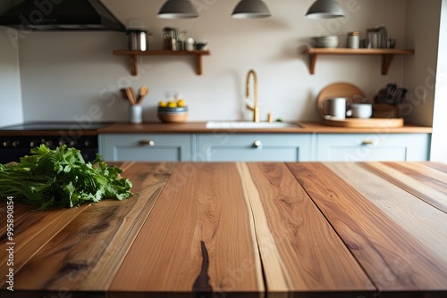 Cozy Wooden Tabletop with Soft Kitchen Background and Inviting Aesthetic