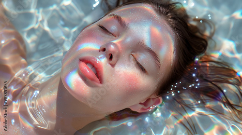 Woman floating peacefully in water with rainbow reflections on her face