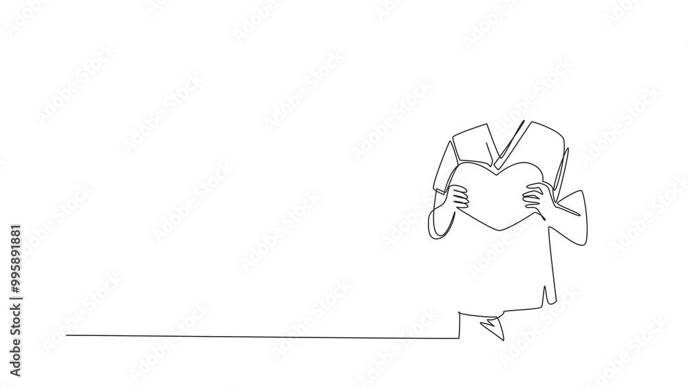 Animation of a single one line drawing male nurse holding a heart shape with both hands. Get appreciation from patients. incere. Certified Nurses Day. Self drawing animated. Full length motion Animation of a single one line drawing male nurse holding a heart shape with both hands. Get appreciation from patients. incere. Certified Nurses Day. Self drawing animated. Full length motion