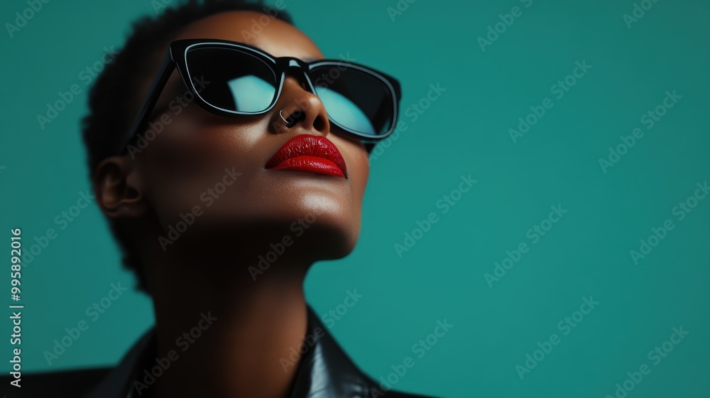 A stylish person wearing a black leather jacket and sunglasses poses against a visually striking teal wall, embodying modern and contemporary fashion trends. A stylish person wearing a black leather jacket and sunglasses poses against a visually striking teal wall, embodying modern and contemporary fashion trends.