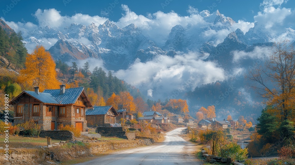 custom made wallpaper toronto digitalScenic autumn village with mountains and colorful foliage.