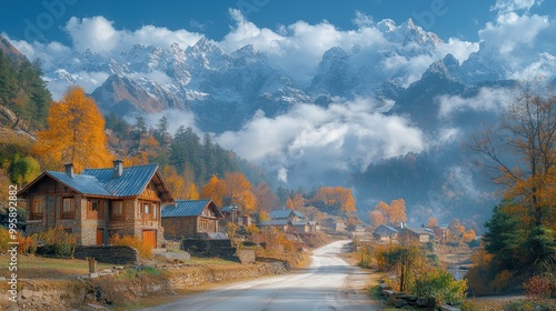 Wallpaper Mural Scenic autumn village with mountains and colorful foliage. Torontodigital.ca