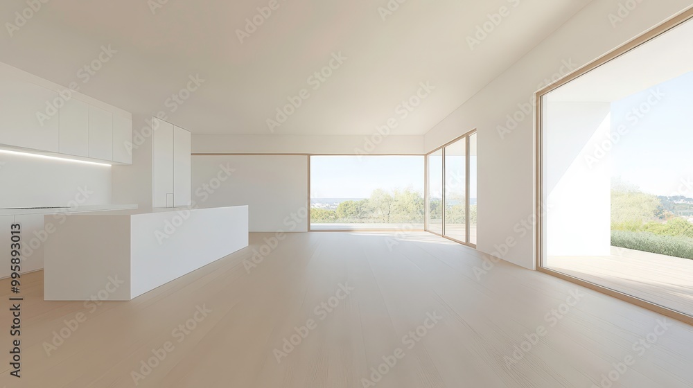 A large, empty kitchen with a white counter and cabinets A large, empty kitchen with a white counter and cabinets