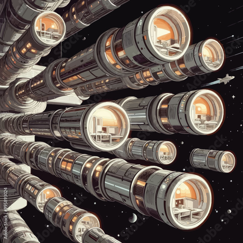 A retro-futuristic space station illusration