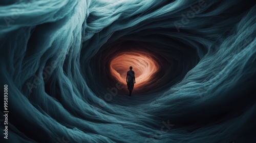 A figure steps into a surreal, brightly lit tunnel, suggesting an exploration or journey through an unknown dimension, with swirling textures enhancing the dreamlike atmosphere. photo