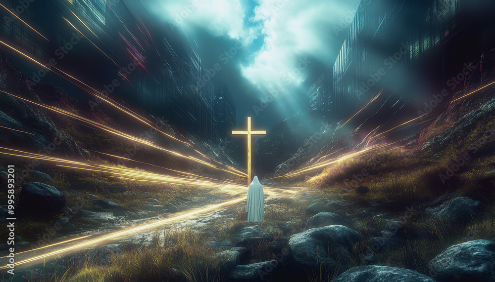 Fototapeta premium Figure in rocky valley, illuminated by sunlight, facing a cross, surrounded by desolate landscape