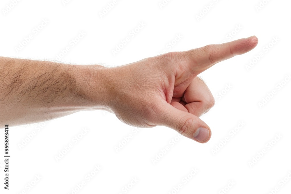 Finger Pressing. Man's Hand Pointing with Index Finger Diagonally. Isolated on White Background Finger Pressing. Man's Hand Pointing with Index Finger Diagonally. Isolated on White Background