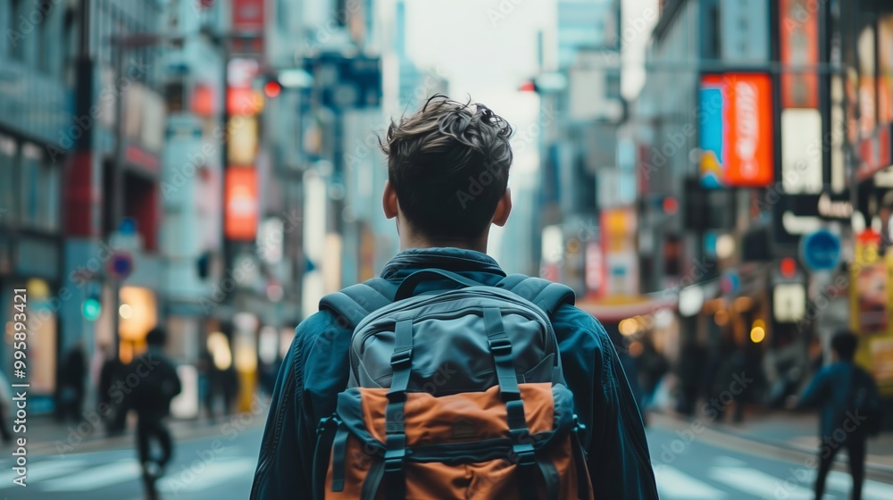 Obraz premium Urban Adventure – Backpacker Exploring Bustling City Streets in Focused Moment