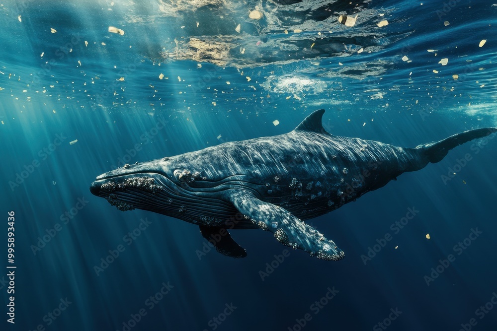 Fototapeta premium A majestic whale swimming through waters tainted with floating microplastic. The plastic particles drift alongside the marine giant, showing the threat of pollution to even the largest sea creatures.