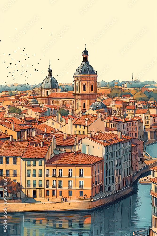 Obraz premium Toulouse, France, color pen pencil hand-drawn effect drawing illustration for travel poster, card, wallpaper, backdrop or banner. Modern, clear, artistic and simple