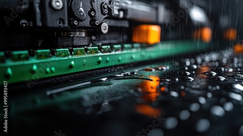 An artistic shot capturing vibrant machine components drenched in rain, highlighting the intricate detail and splashes of water on the industrial surfaces.