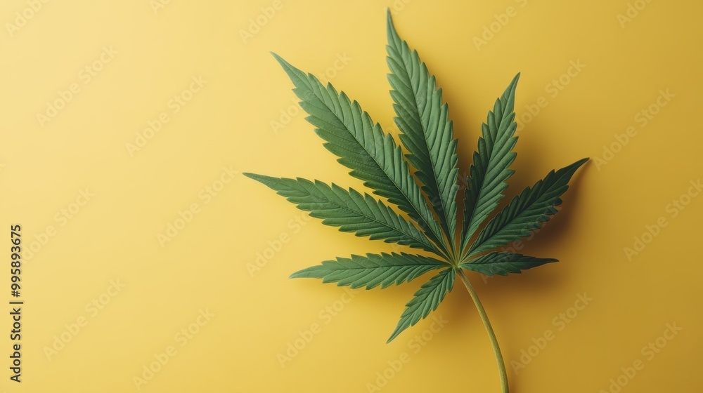 An image featuring a single green cannabis leaf against a vibrant yellow background, focusing on the detailed structure of the leaf and the strong color contrast. An image featuring a single green cannabis leaf against a vibrant yellow background, focusing on the detailed structure of the leaf and the strong color contrast.