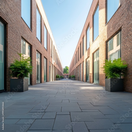 Wallpaper Mural A long brick hallway with many windows and potted plants Torontodigital.ca