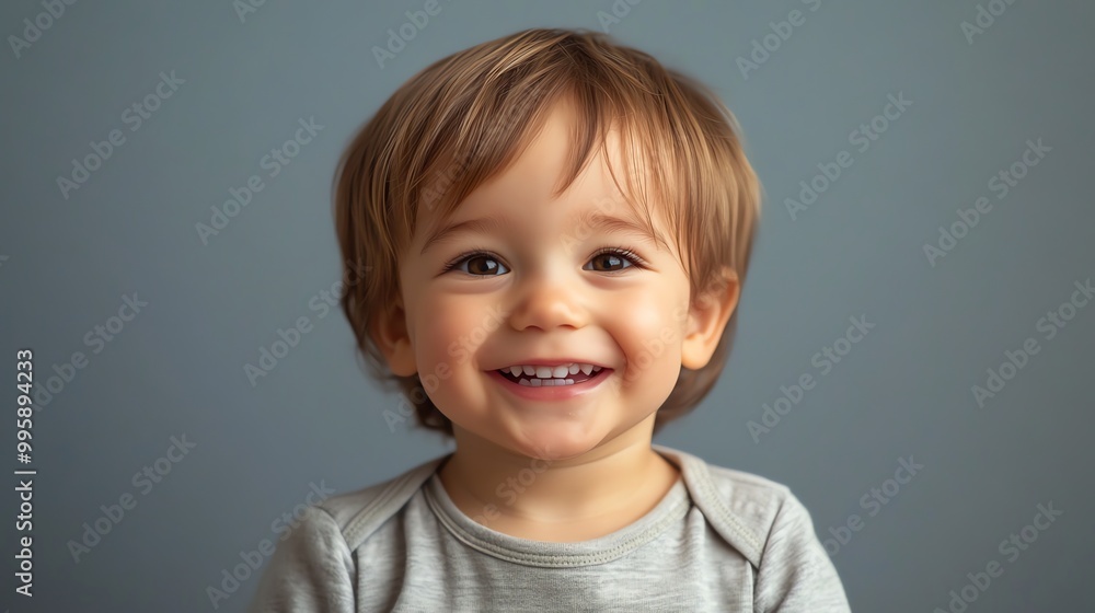A baby in a gray shirt smiles at the camera.