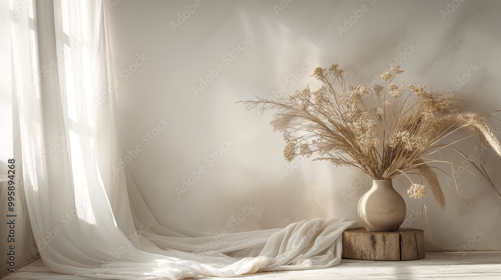 Dried flowers in a ceramic vase with soft natural light and flowing curtains Dried flowers in a ceramic vase with soft natural light and flowing curtains