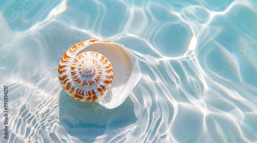 A seashell rests in clear, turquoise water, sunlight reflecting on the surface.