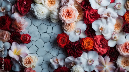 This elegant image displays a vivid arrangement of flowers carefully placed in a hexagonal tiled pattern. The flowers are a mix of roses, orchids, and other blooms against a marble-like backdrop. photo