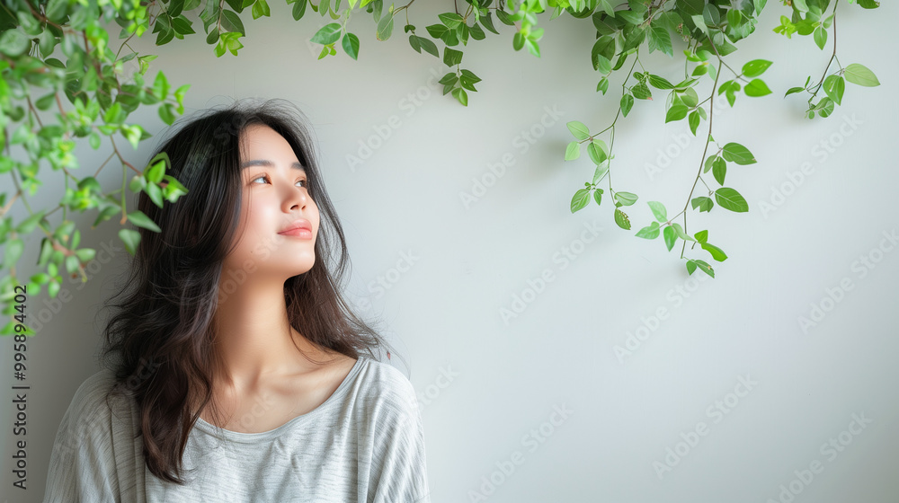Serene young woman gazing thoughtfully with green plants on light background. Copy space Serene young woman gazing thoughtfully with green plants on light background. Copy space