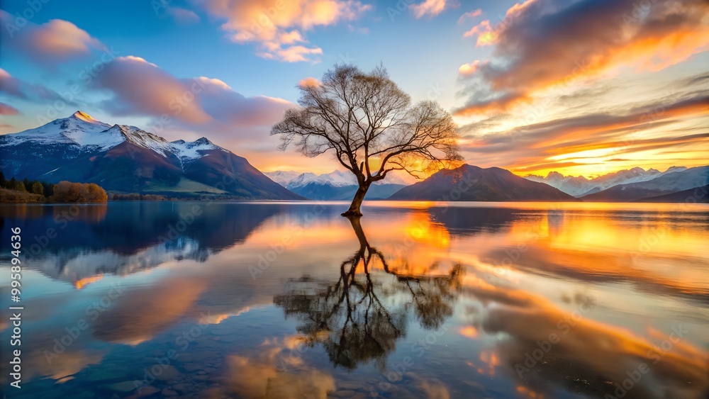 Fototapeta premium Picturesque view of leafless lonely tree growing and reflecting in lake surrounded by mountain range at sundown time