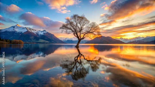 Wallpaper Mural Picturesque view of leafless lonely tree growing and reflecting in lake surrounded by mountain range at sundown time Torontodigital.ca