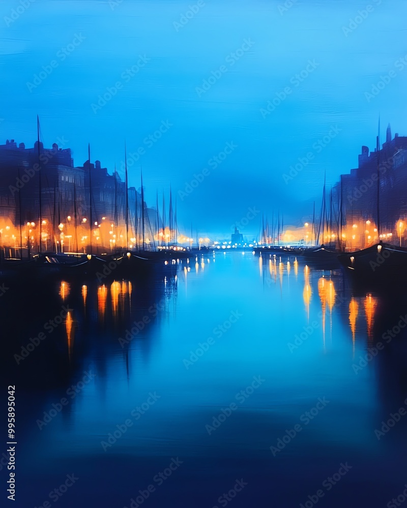 Serene twilight harbor view, calm waters reflecting soft streetlights, surrounded by silhouetted boats and buildings in the mist. Serene twilight harbor view, calm waters reflecting soft streetlights, surrounded by silhouetted boats and buildings in the mist.